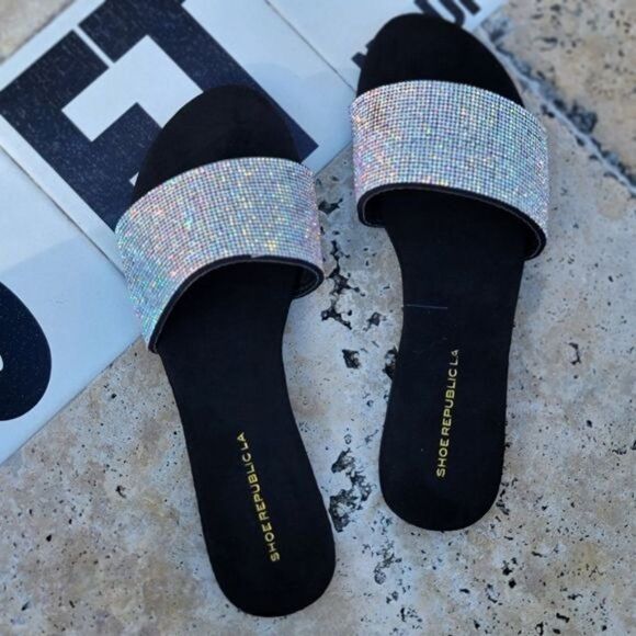 Shoes - Women's Rhinestone Flats Sandals Black Color